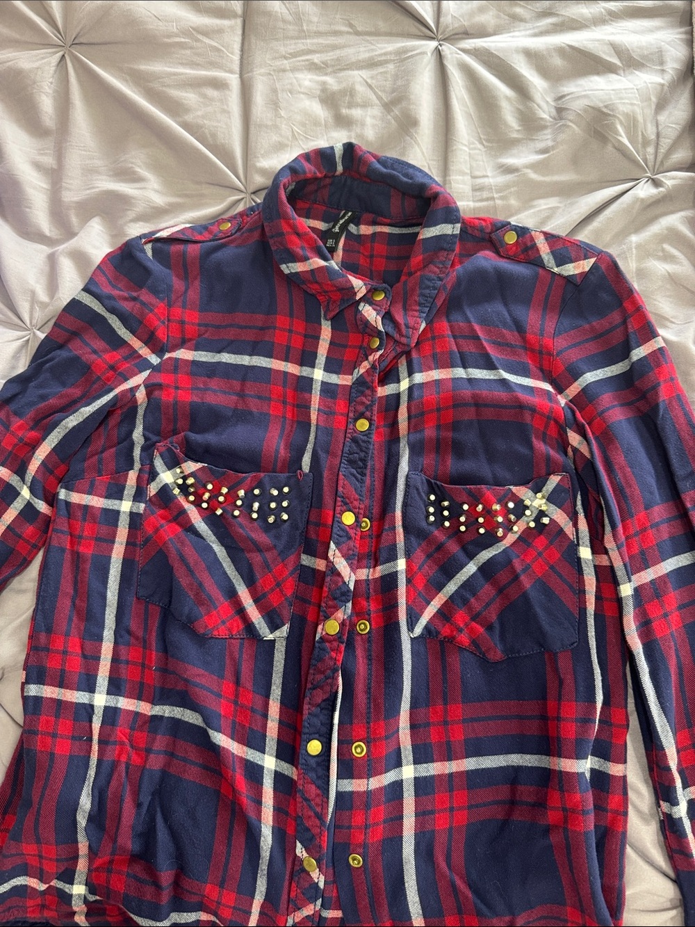 stradivarius Red and Navy Plaid Shirt with Stud Detail